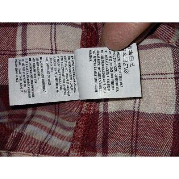 American Eagle Women Top XL Red Plaid Flannel Hooded Distressed Cropped - Picture 7 of 7